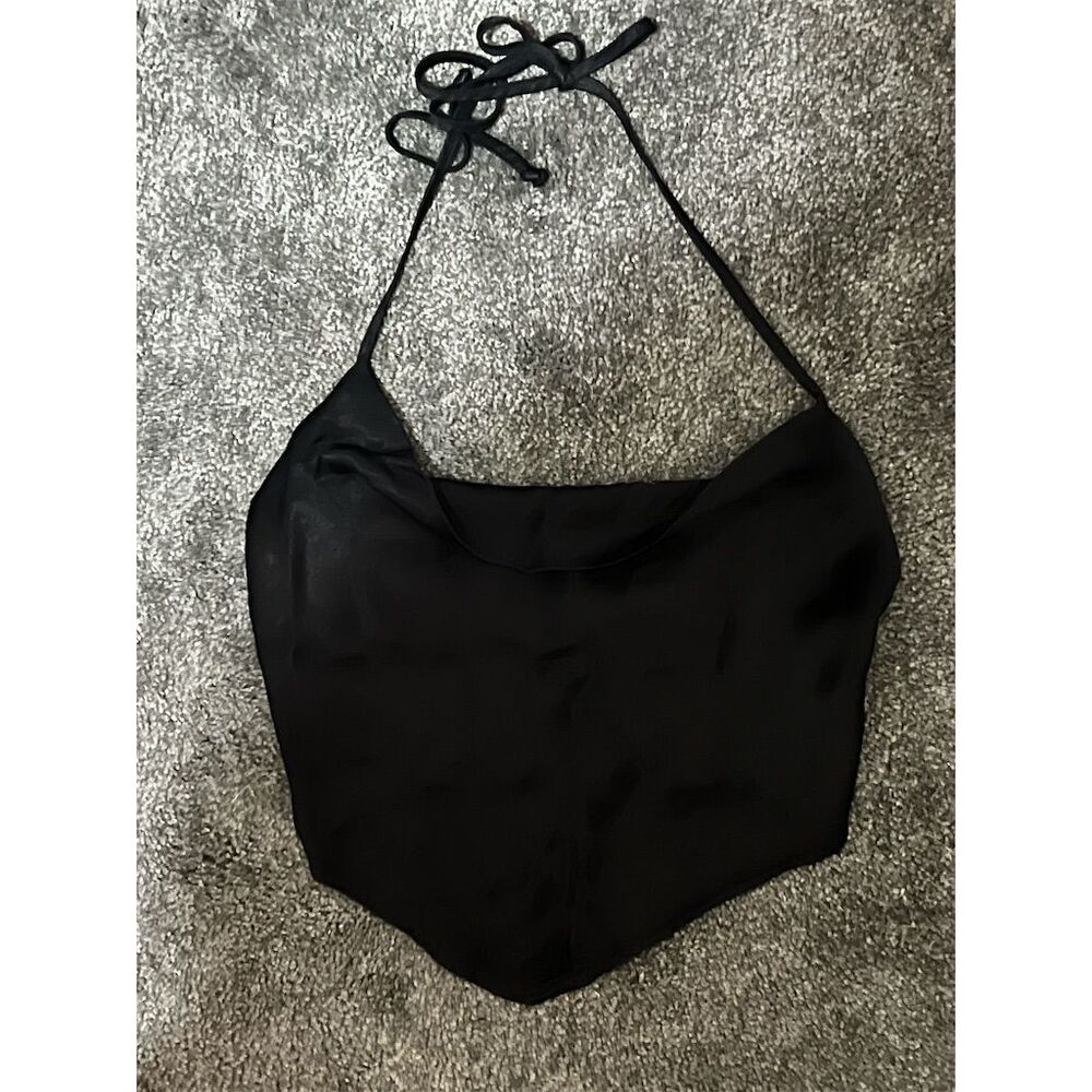 Women's XS Black Backless Tie Satin Crop Top Blouse